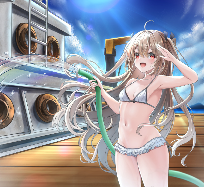 1girl :d absurdres ahoge atri atri-my_dear_moments- backlighting bare_arms bare_shoulders bikini black_ribbon blue_sky blush breasts brown_hair chinese_commentary collarbone commentary_request cowboy_shot day floating_clothes floating_hair frilled_bikini frills hair_between_eyes hair_intakes hair_ribbon halterneck hands_up happy highres holding holding_hose hose ke-zu long_hair looking_at_viewer navel official_alternate_costume open_mouth outdoors red_eyes ribbon salute ship sky small_breasts smile solo stomach sunlight swimsuit teeth thighs two_side_up very_long_hair water water_drop watercraft white_bikini