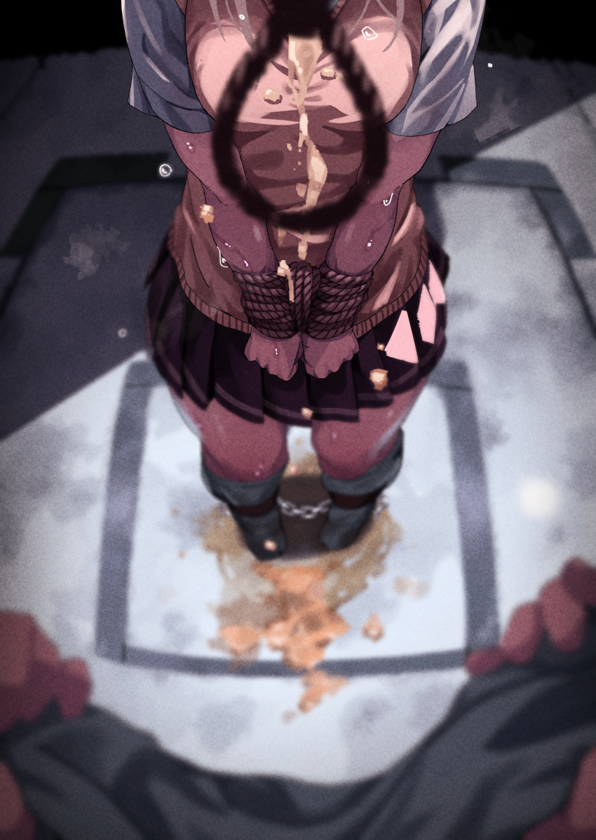 1girl 1other absurdres bound bound_wrists breasts commentary_request execution highres huyunokure medium_breasts noose original pleated_skirt pov pov_hands rope school_uniform skirt standing sweater_vest vomit
