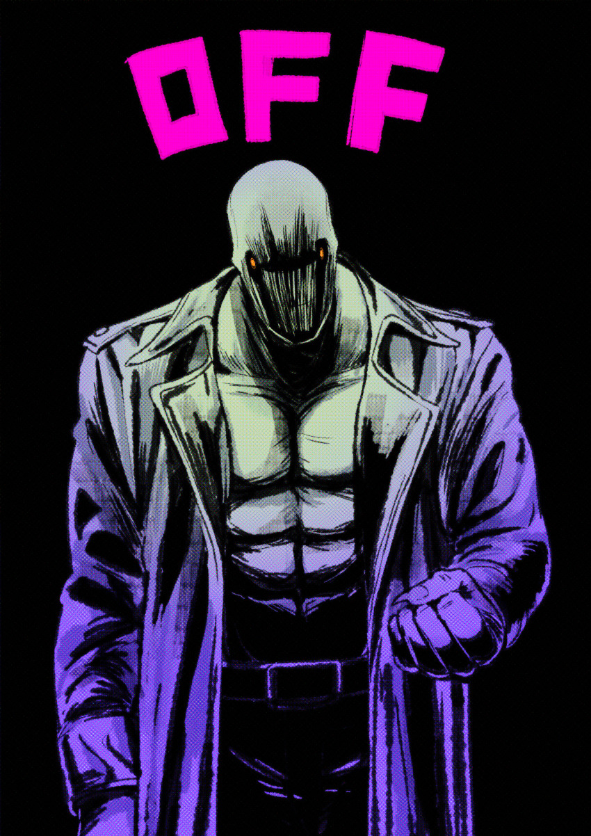 1boy abs absurdres arm_up bare_pectorals belt belt_buckle black_background buckle clenched_hand coat collarbone copyright_name dedan_(off) glowing glowing_eyes highres lapels male_focus monster monster_boy notched_lapels off_(game) open_clothes open_coat pants pectorals red_eyes solo tanblaque teeth upper_body