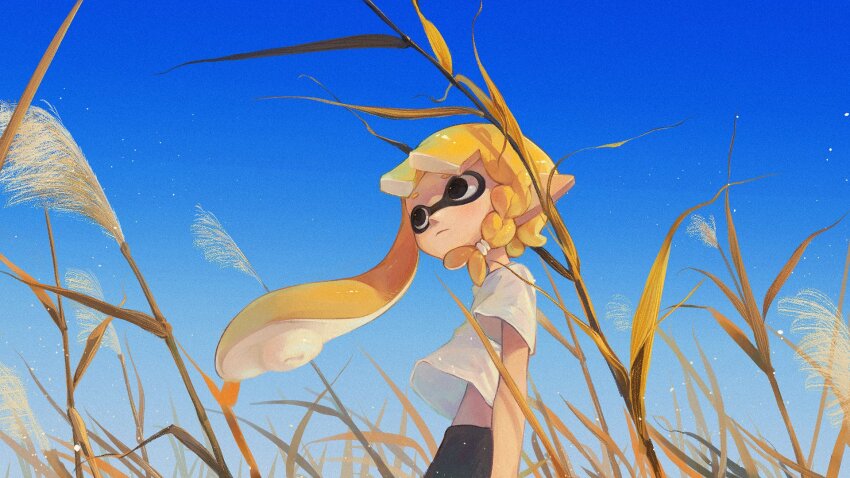 1girl asymmetrical_sidelocks black_eyes blonde_hair blue_sky blunt_bangs braided_sidelock clothes_lift commentary_request cowboy_shot day domino_mask expressionless film_grain floating_hair from_side grass highres inkling inkling_girl inkling_player_character liang_cun_rakuna light_blush light_particles mask nintendo outdoors pointy_ears shirt shirt_lift short_eyebrows short_sleeves sky solo splatoon_(series) splatoon_3 standing stomach susuki_grass t-shirt tall_grass tentacle_hair white_shirt wind wind_lift