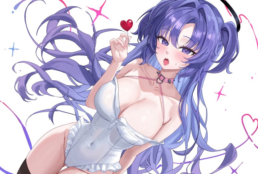 1girl alternate_costume bare_arms bare_shoulders blue_archive breasts candy cleavage collar covered_navel food hair_between_eyes hido88 highleg highleg_leotard highres holding holding_candy holding_food holding_lollipop large_breasts leotard lollipop long_hair open_mouth purple_eyes purple_hair sidelocks solo strapless strapless_leotard teeth tongue tongue_out two_side_up upper_teeth_only white_leotard yuuka_(blue_archive)