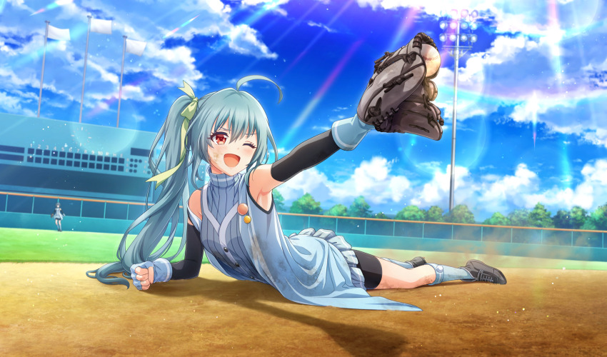 2girls ;d ahoge aqua_gloves aqua_shirt aqua_socks armband ball baseball baseball_(object) baseball_glove baseball_stadium bike_shorts_under_skirt black_footwear black_shorts blurry brown_eyes catching cinderella_series cloud depth_of_field dust_cloud dutch_angle film_grain fingerless_gloves flag full_body game_cg gloves green_hair hachigatsu_no_cinderella_nine high_side_ponytail highres holding holding_ball lens_flare light_particles light_rays long_hair multiple_girls non-web_source official_art one_eye_closed open_mouth osaki_miyo outdoors playing_sports scoreboard shirt shorts sky sleeveless sleeveless_shirt sliding smile socks solo_focus sunbeam sunlight