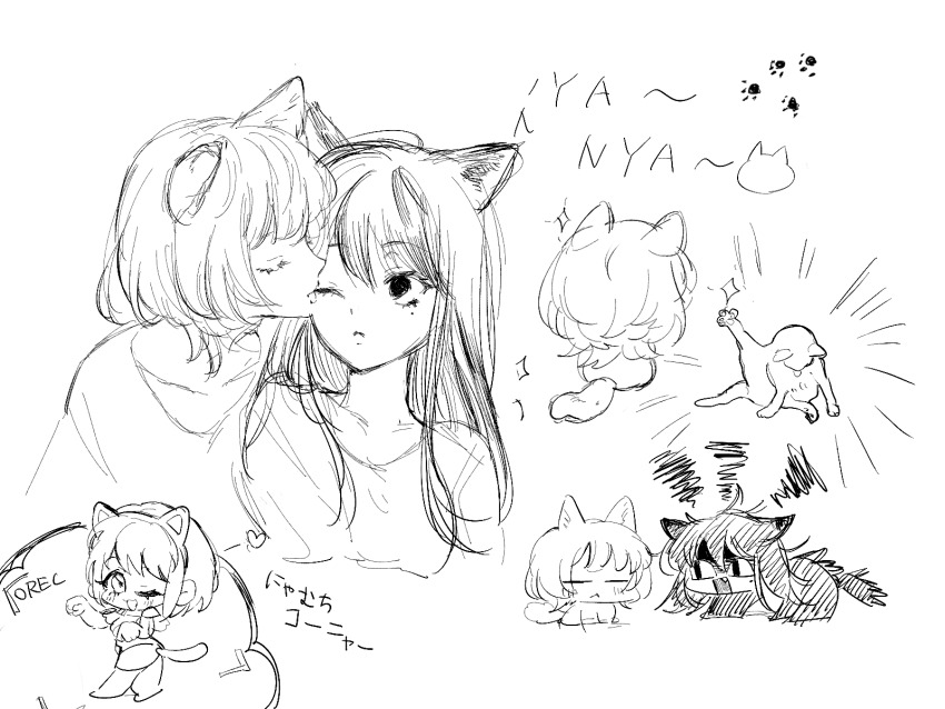 3girls :3 animal_ears animalization bang_dream! bang_dream!_it&#039;s_mygo!!!!! blush cat cat_ears commentary_request greyscale highres kaname_raana kemonomimi_mode licking licking_another&#039;s_face long_hair mole mole_under_eye monochrome multiple_girls one_eye_closed raana_the_cat shiina_taki tendejige yuri yuutenji_nyamu