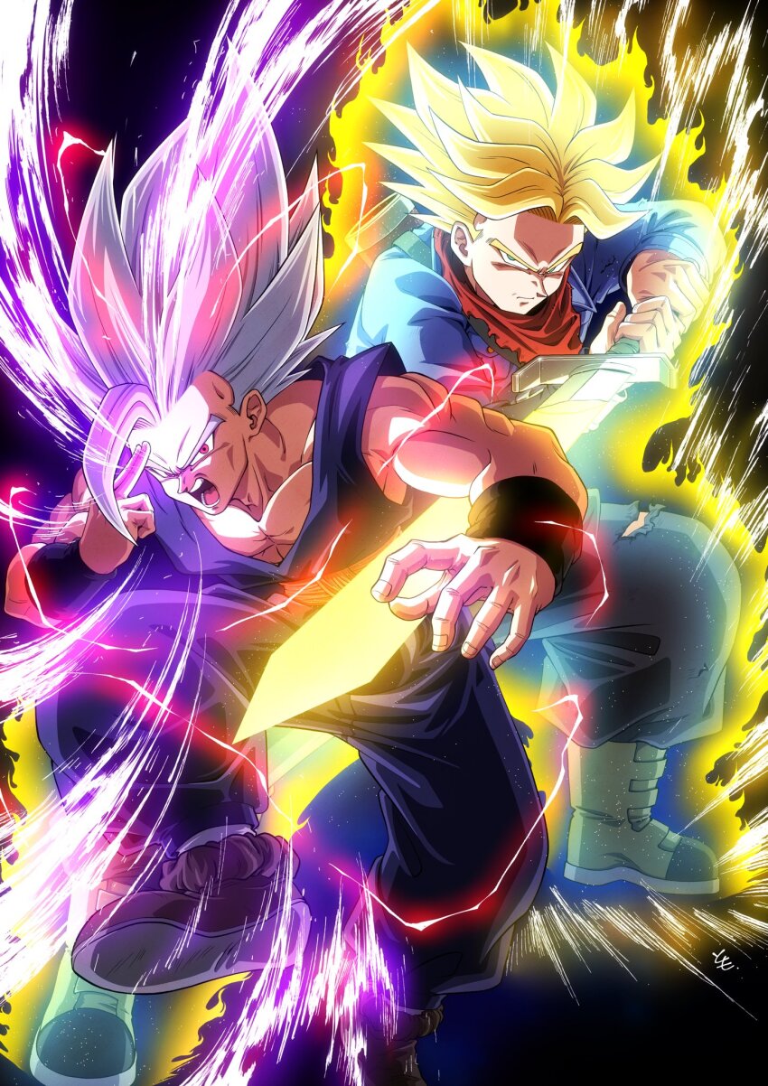 2boys aura black_background blonde_hair dragon_ball dragon_ball_super dragon_ball_super_super_hero fighting_stance gohan_beast green_eyes highres lightning looking_at_viewer makankousappou multiple_boys muscular muscular_male red_eyes serious son_gohan spiked_hair super_saiyan_rage sword torn_clothes trunks_(dragon_ball) trunks_(future)_(dragon_ball) weapon white_hair