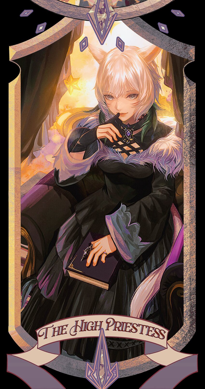 1girl animal_ears armchair black_choker black_dress black_gloves book book_on_lap brooch card_(medium) cat_ears chair choker claw_ring commentary cowboy_shot curtains dress english_commentary facial_mark feather_hair_ornament feathers final_fantasy final_fantasy_xiv finger_to_mouth from_above fur-trimmed_dress fur_trim glint gloves grey_eyes hair_ornament highres jewelry jingjue_de_yumiao light_smile long_sleeves looking_at_viewer miqo&#039;te neck_tattoo on_chair partially_fingerless_gloves ring short_hair single_glove sitting slit_pupils solo star_(symbol) tarot tarot_(medium) tattoo the_high_priestess_(tarot) white_hair wide_sleeves y&#039;shtola_rhul