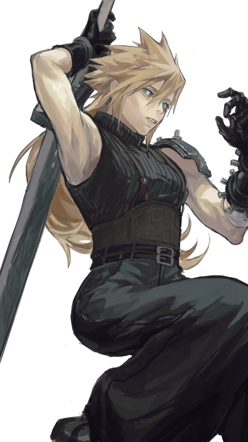 arm_up armor armpits belt black_belt black_gloves black_pants black_sweater blonde_hair blue_eyes brown_belt buster_sword chinese_commentary cloud_strife commentary_request final_fantasy final_fantasy_vii final_fantasy_vii_remake genderswap genderswap_(mtf) gloves highres holding holding_sword holding_weapon long_hair looking_to_the_side multiple_belts mushinshinshin pants parted_lips pauldrons puffy_pants shoulder_armor simple_background single_pauldron sleeveless sleeveless_sweater spiked_hair suspenders sweater sword sword_on_back toned toned_female turtleneck turtleneck_sweater weapon weapon_on_back white_background