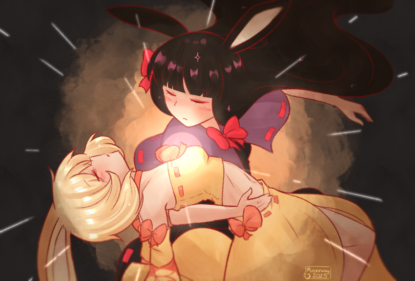 2girls animal_ears black_hair blonde_hair blush bow capelet closed_eyes closed_mouth commentary cowboy_shot dancer_rabbit detached_sleeves english_commentary expressionless hair_bow heavyblade_rabbit highres long_hair minzzway multiple_girls orange_bow pink_bow purple_capelet rabbit_and_steel rabbit_ears rabbit_girl ribbon-trimmed_capelet ribbon-trimmed_tube_top ribbon_trim sekai_wo_kakumei_suru_chikara_wo short_hair shoujo_kakumei_utena skirt strapless tube_top yellow_skirt yellow_sleeves yellow_tube_top