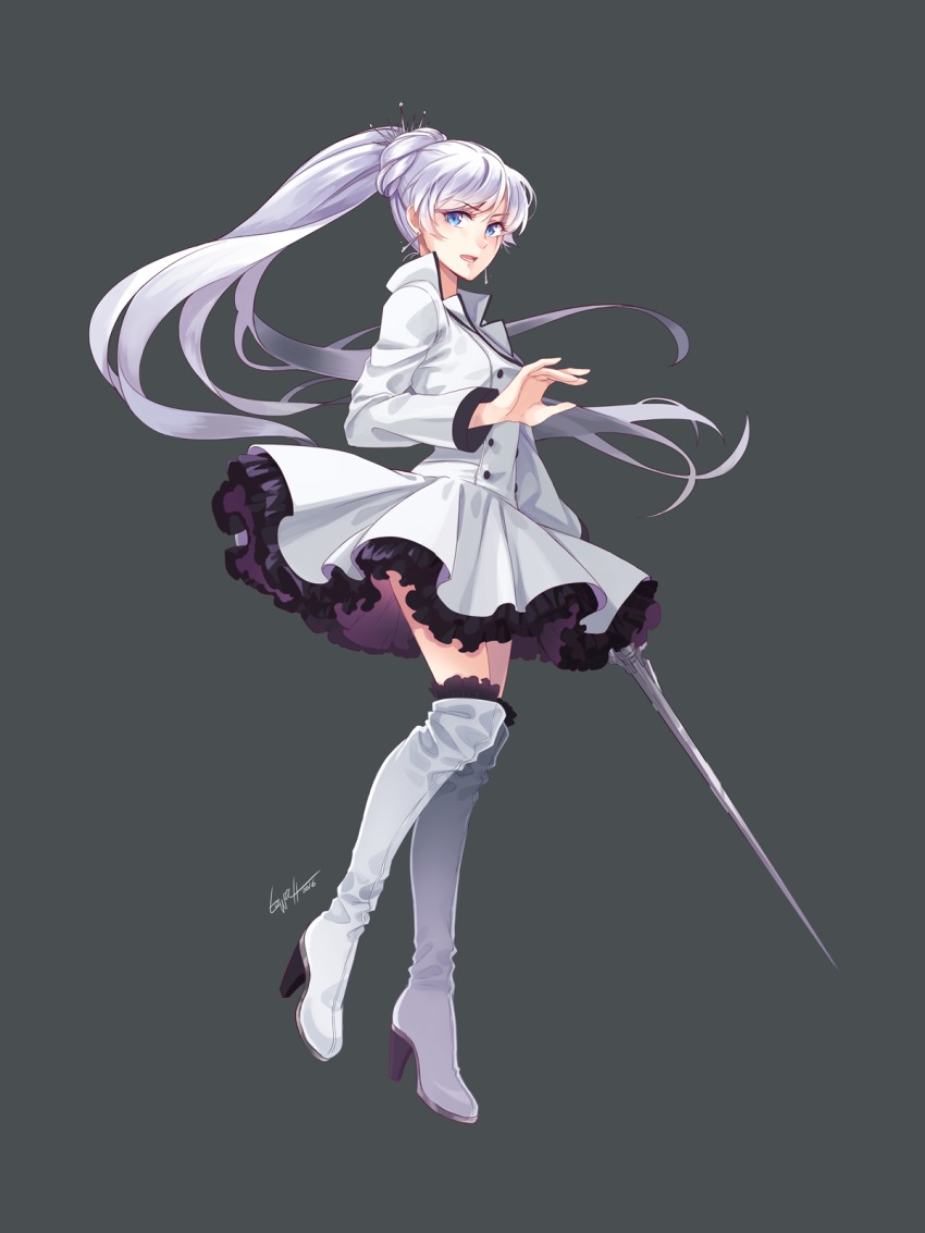 1girl blue_eyes boots dress female_focus floating_hair full_body grey_background hair_ornament high_heel_boots high_heels high_ponytail highres holding holding_sword holding_weapon layered_dress long_hair looking_at_viewer lowah open_mouth ponytail rwby scar scar_across_eye scar_on_face short_dress signature silver_hair solo sword thigh_boots thighhighs very_long_hair weapon weiss_schnee white_boots white_dress