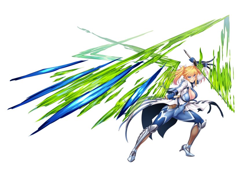 1girl absurdres armored_boots blonde_hair blue_bodysuit blue_eyes bodysuit boots breasts cleavage coat fighting_stance fishnets full_body hair_ribbon high_heel_boots high_heels highres holding holding_sword holding_weapon katana looking_at_viewer official_art ribbon second-party_source serious shinganji_kurenai solo sword taimanin_(series) taimanin_rpgx taimanin_suit trench_coat weapon white_background white_coat white_ribbon zol