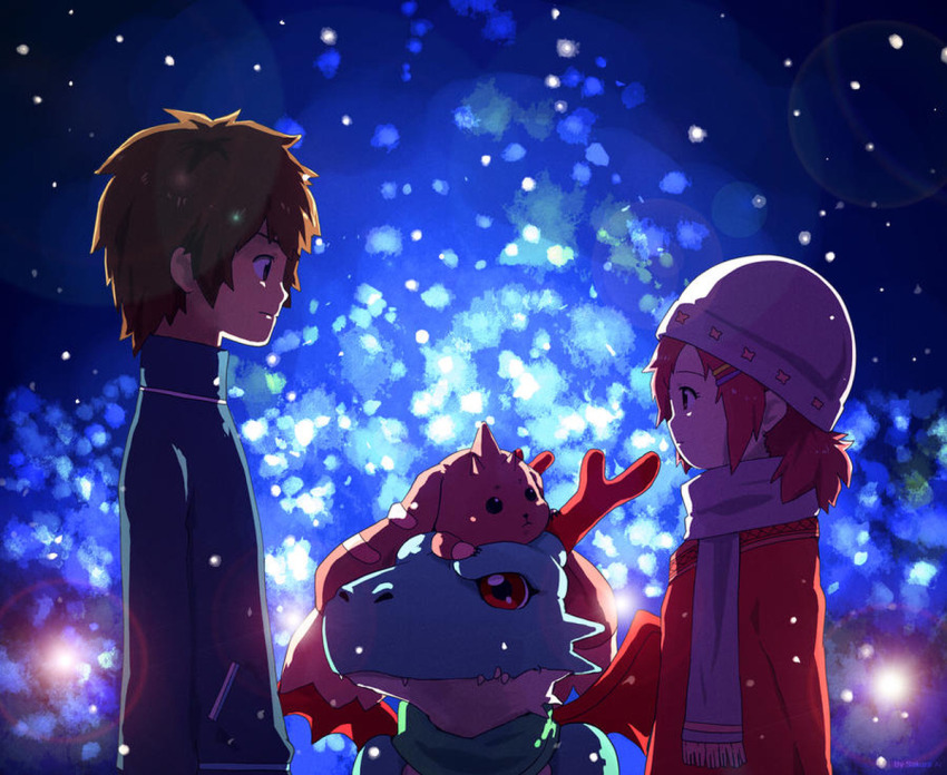 1boy 1girl digimon dracomon hat horns looking_at_another lopmon red_eyes smile