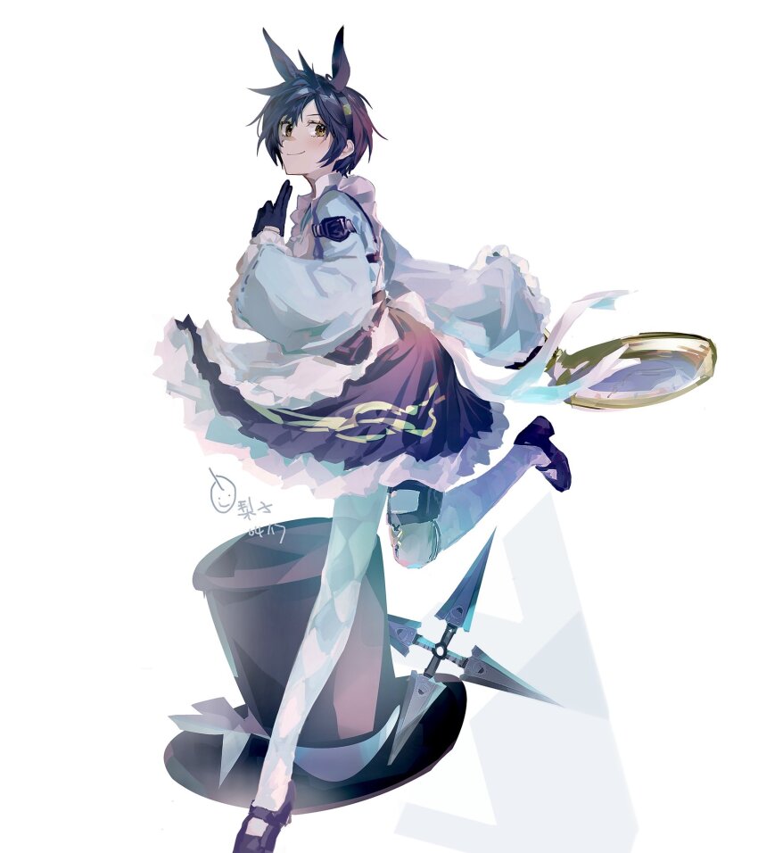 1girl apron argyle_clothes argyle_pantyhose asymmetrical_legwear black_gloves black_hair black_hairband black_shoes black_skirt blue_dress brown_eyes dress final_fantasy final_fantasy_vii final_fantasy_vii_ever_crisis frilled_apron frills full_body gloves hair_between_eyes hairband hat highres holding holding_pocket_watch lily_(shio1006) long_sleeves mary_janes official_alternate_costume pantyhose pocket_watch rabbit_bow shoes short_hair shuriken skirt smile solo striped_clothes striped_pantyhose top_hat watch weapon white_apron white_background wide_sleeves yuffie_kisaragi yuffie_kisaragi_(bunny_apron)