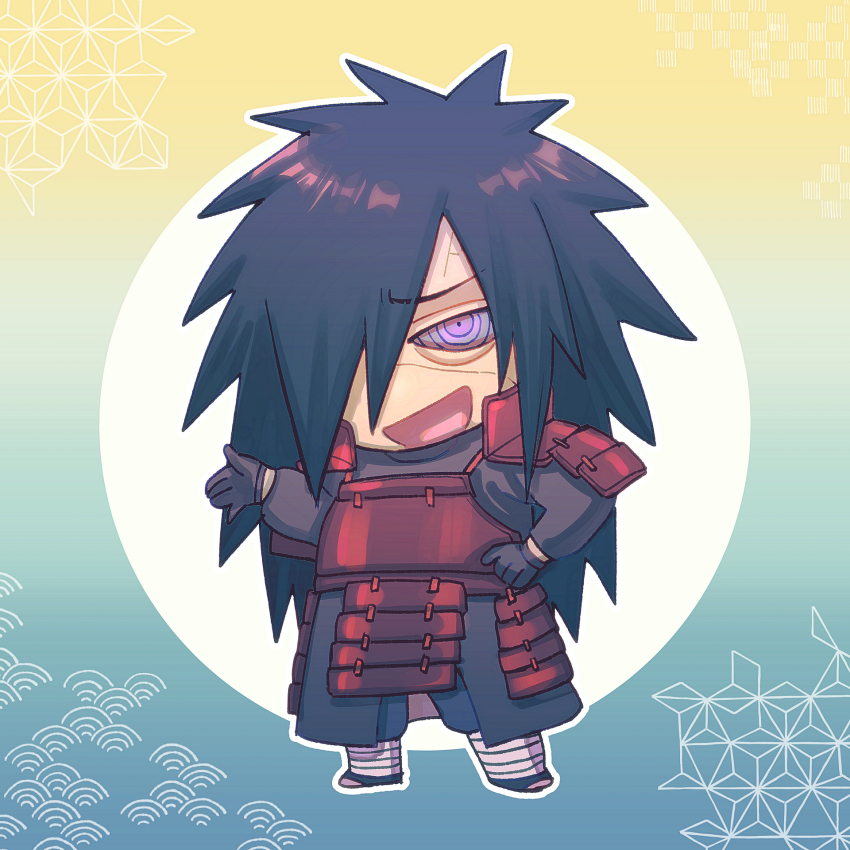 1boy armor asa_no_ha_(pattern) bandaged_leg bandages black_hair chibi cracked_skin edo_tensei faulds full_body gloves gradient_background grey_gloves gurekoguriko hair_over_one_eye highres japanese_armor long_hair male_focus naruto_(series) naruto_shippuuden one_eye_covered open_mouth purple_eyes red_armor ringed_eyes rinnegan seigaiha shoulder_armor smile smug solo spiked_hair standing uchiha_madara very_long_hair