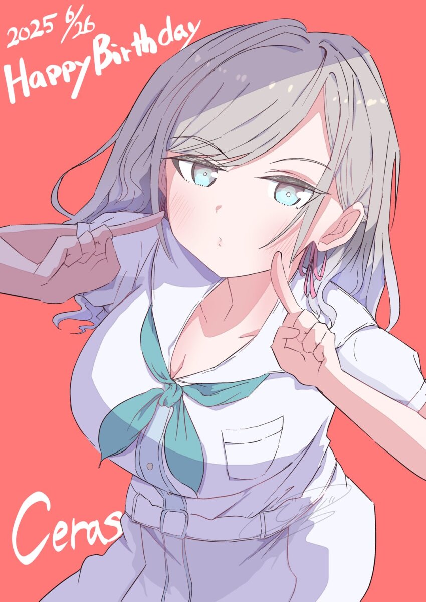 1girl aqua_neckerchief blue_eyes blush breast_pocket breasts ceras_yanagida_lilienfeld character_name cleavage closed_mouth collarbone commentary_request cowboy_shot dated dhuno_g dress fingers_to_cheeks grey_hair hair_ribbon happy_birthday hasu_no_sora_school_uniform highres large_breasts link!_like!_love_live! long_hair looking_at_viewer love_live! neckerchief no_dickey pink_ribbon pleated_dress pocket red_background ribbon sailor_collar school_uniform short_sleeves simple_background solo summer_uniform thighhighs virtual_youtuber white_dress white_sailor_collar