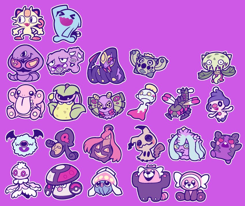 &gt;_&lt; :d amoonguss arbok bear_ringer bewear black_eyes bright_pupils cacnea carnivine chibi chimecho closed_mouth commentary_request cubchoo dustox fang frillish frillish_(female) gen_1_pokemon gen_2_pokemon gen_3_pokemon gen_4_pokemon gen_5_pokemon gen_6_pokemon gen_7_pokemon gen_8_pokemon highres inkay lickitung looking_to_the_side looking_up mareanie meowth mime_jr. mimikyu morpeko morpeko_(hangry) nintendo no_humans open_mouth outline pokemon pokemon_(creature) pokemon_focus pumpkaboo purple_background seviper simple_background sitting smile standing team_rocket tongue tongue_out victreebel weezing white_pupils wobbuffet woobat yamask yanmega yellow_eyes