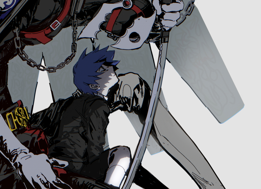 192_saioma 1boy aged_down black_shorts blue_eyes blue_hair chain child expressionless from_side gloves highres holding holding_sword holding_weapon kneehighs knees_up looking_at_another male_focus persona persona_(summon) persona_3 shadow short_hair shorts sitting size_difference socks strap sword thanatos_(persona) upper_body weapon white_background white_gloves white_socks yuuki_makoto_(persona_3)