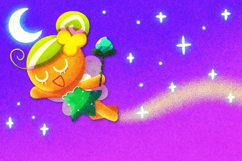 1girl :d barefoot closed_eyes commentary cookie_run crescent_moon dress english_commentary fairy fairy_cookie fairy_wings flower flying green_dress green_hair hair_bun hair_flower hair_ornament moon multicolored_hair night night_sky open_mouth purple_sky ririko_(nagareboshi) short_hair single_hair_bun sky smile solo star_(sky) starry_sky streaked_hair two-tone_hair wand white_hair wings yellow_flower