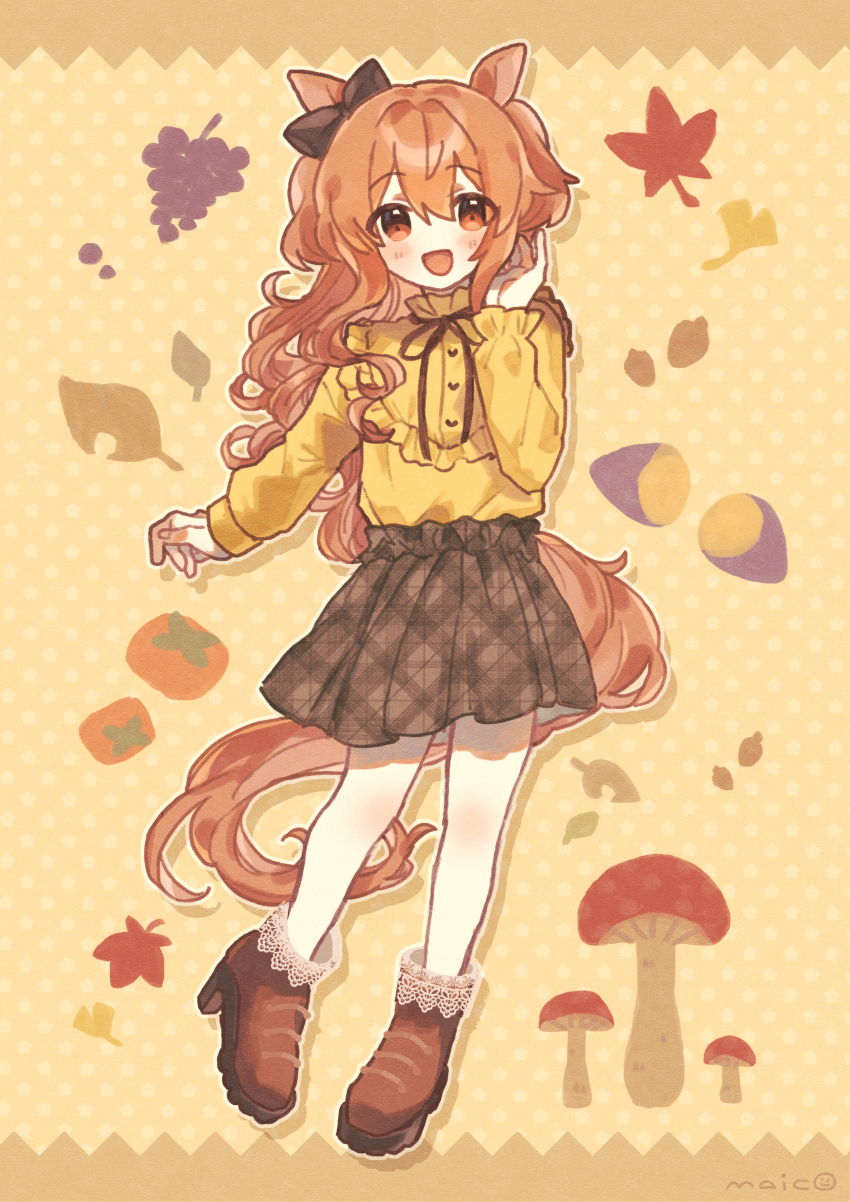 1girl absurdres alternate_costume animal_ears artist_name black_skirt blush boots bow brown_boots brown_hair casual commentary_request ear_bow food fruit full_body grapes high_heel_boots high_heels highres horse_ears horse_girl horse_tail lace-trimmed_boots lace_trim leaf long_hair long_sleeves looking_at_viewer maico_(manya0321) mayano_top_gun_(umamusume) mushroom open_mouth polka_dot polka_dot_background shirt shirt_tucked_in skirt smile solo sweet_potato tail umamusume yellow_shirt