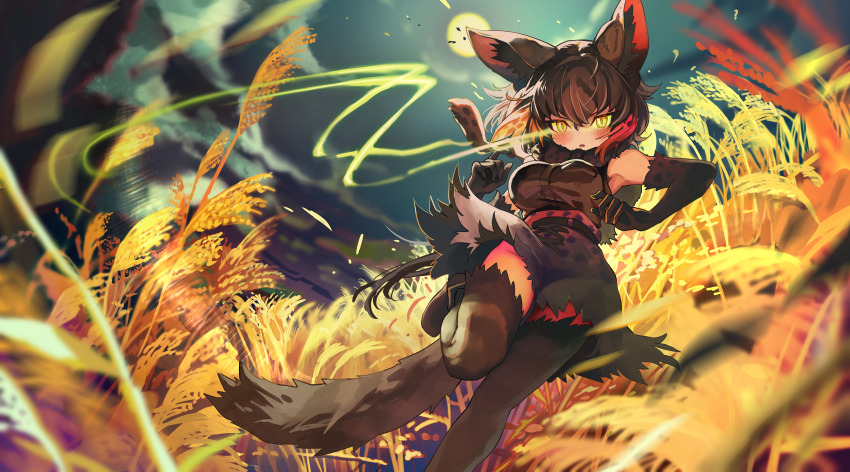 absurdres animal_ear_fluff animal_ears animal_print armpits bare_shoulders black_hair black_serval_(kemono_friends) black_shirt blonde_hair blurry blurry_foreground blush bow bowtie breasts cat_ears cat_girl cat_tail elbow_gloves eye_trail fisheye foot_up fur_scarf gloves glowing glowing_eyes hair_between_eyes high-waist_skirt highres impossible_clothes kemono_friends kemono_friends_3 light_trail medium_breasts melaton miniskirt moon multicolored_hair night night_sky outdoors parted_lips print_bow print_bowtie print_gloves print_scarf print_skirt red_hair running scarf shirt skirt sky sleeveless sleeveless_shirt slit_pupils tail thighhighs yellow_eyes zettai_ryouiki