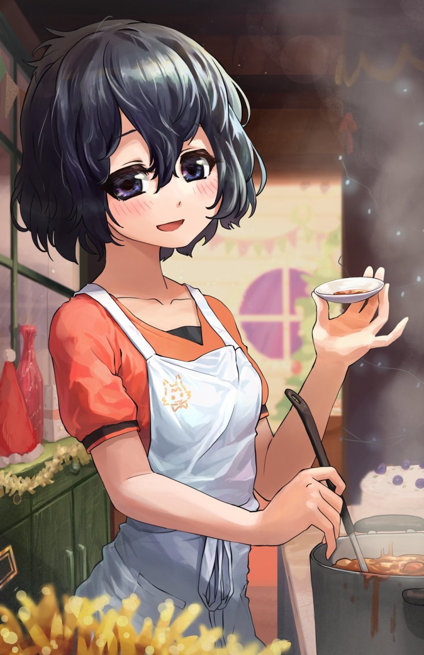 1girl alternate_costume apron black_hair blue_eyes blush collarbone commentary_request cooking cup highres kaban_(kemono_friends) kemono_friends ladle melaton no_headwear no_headwear red_shirt shirt short_hair short_sleeves solo steam stew t-shirt white_apron