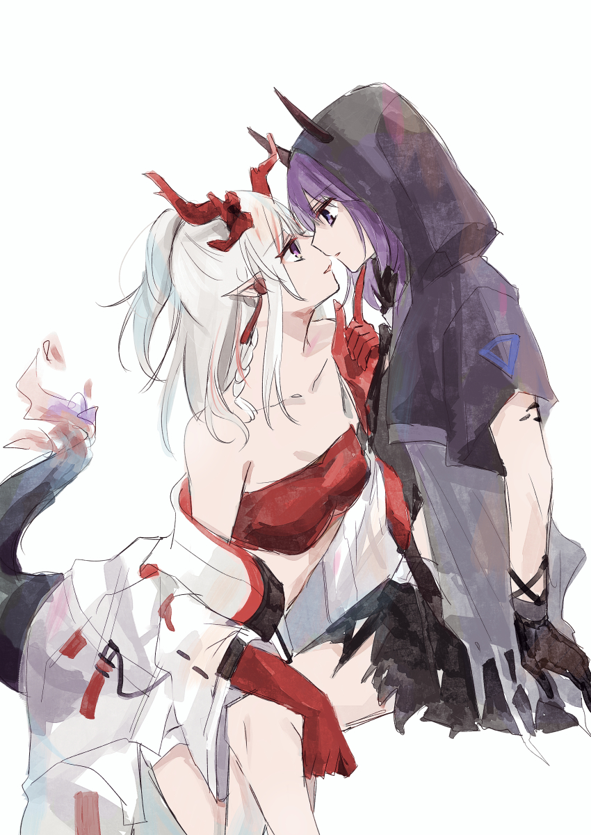 2girls absurdres arknights bad_id bad_pixiv_id bandeau bare_legs black_gloves black_jacket black_skirt braid breasts collarbone colored_skin commentary dragon_girl dragon_horns dragon_tail earrings eye_contact gloves hand_on_another&#039;s_chin hand_on_another&#039;s_leg highres hood hood_up hooded_jacket horns horns_through_headwear imminent_kiss jacket jewelry lava_(arknights) lava_the_purgatory_(arknights) long_hair looking_at_another material_growth matsuzaka_(matsuzakagyu_29) multiple_girls nian_(arknights) off_shoulder official_alternate_costume oripathy_lesion_(arknights) parted_lips pointy_ears purple_eyes purple_hair red_bandeau red_horns red_skin red_tube_top short_hair side_braid simple_background sitting skirt small_breasts strapless tail tube_top white_background white_hair white_jacket yuri