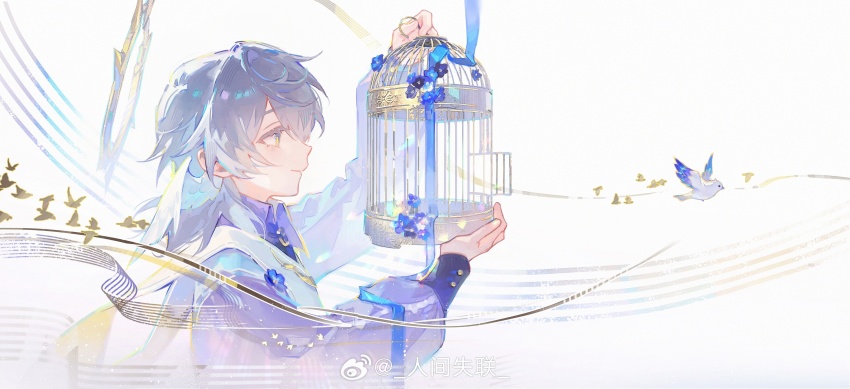1boy absurdres bird birdcage blue_coat blue_flower brooch cage closed_mouth coat collared_coat flower flower_brooch from_side grey_eyes grey_hair highres holding holding_cage honkai:_star_rail honkai_(series) long_hair looking_at_object male_focus musical_staff pansy renjian_shilian scarf smile solo sunday_(honkai:_star_rail) upper_body watermark weibo_watermark white_background white_bird white_scarf