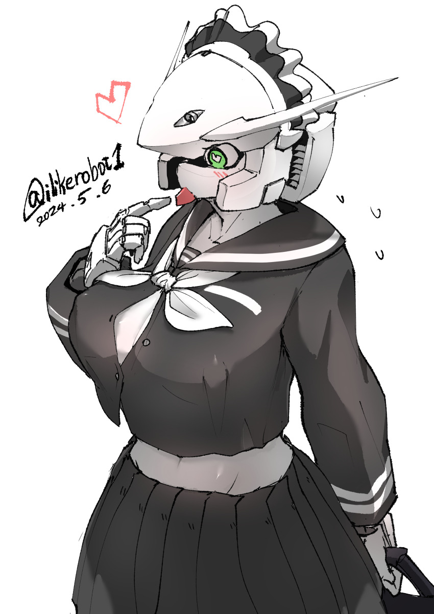 bag blush breasts cleavage green_eyes headdress heart heart-shaped_pupils holding holding_bag humanoid_robot i_like_robot large_breasts mecha midriff navel original pointing pointing_at_self robot robot_girl school_bag school_uniform serafuku simple_background skirt symbol-shaped_pupils vent_(object) white_background