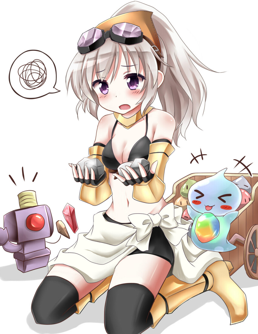 +++ 1girl armor armored_boots bikini bikini_top_only black_bikini black_gloves black_shorts black_thighhighs blush boots breasts brown_bandana commentary_request drops_(ragnarok_online) elbow_gloves fingerless_gloves fruit_(ragnarok_online) full_body gem ghost gloves goggles goggles_on_head grey_hair hachimi high_ponytail highres holding holding_rock long_hair marin_(ragnarok_online) mechanic_(ragnarok_online) medium_breasts navel open_mouth pluto_09 ponytail poporing poring pullcart purple_eyes ragnarok_online red_gemstone robot rock seiza shorts simple_background sitting solo spoken_squiggle squiggle swimsuit thighhighs vambraces white_background yellow_armor