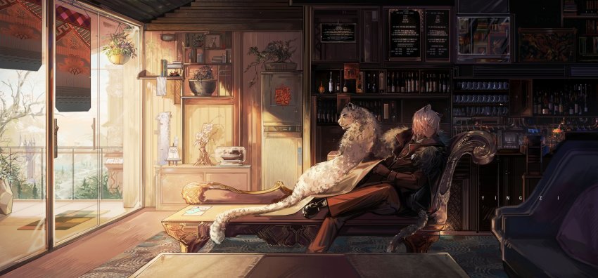 1boy animal animal_ears arknights artist_name black_footwear black_gloves bonsai bottle calendar_(object) cape carpet couch counter crossed_legs day doormat envelope fur_trim gloves hanging_plant highres indoors jacket leaning_to_the_side leopard leopard_boy leopard_ears leopard_tail long_sleeves male_focus model_ship pants pillow plant potted_plant railing refrigerator shade shelf shirt shoes silverash_(arknights) sitting sleeping sleeping_upright sliding_doors table tail wine_bottle yingzi
