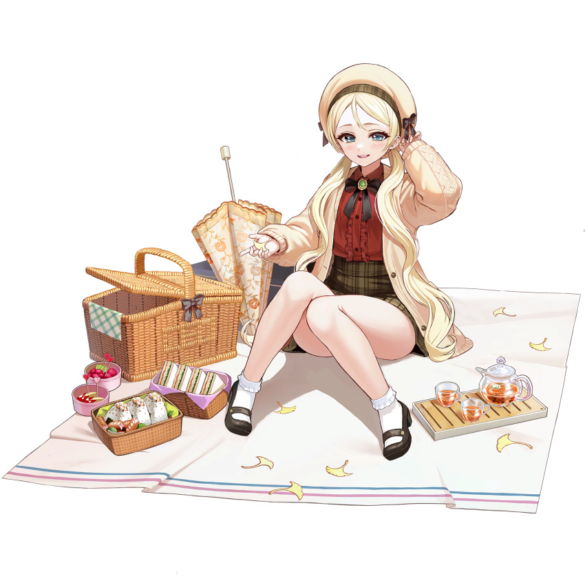 1girl aqua_eyes beret black_footwear blonde_hair brooch cardigan collared_shirt cup ellie_quickhand hat highres jewelry last_origin long_hair long_sleeves looking_at_viewer low_twintails official_art open_cardigan open_clothes open_mouth picnic_basket plaid_clothes plaid_skirt red_shirt shirt sitting skewer skirt socks solo taesi teacup transparent_background twintails white_socks