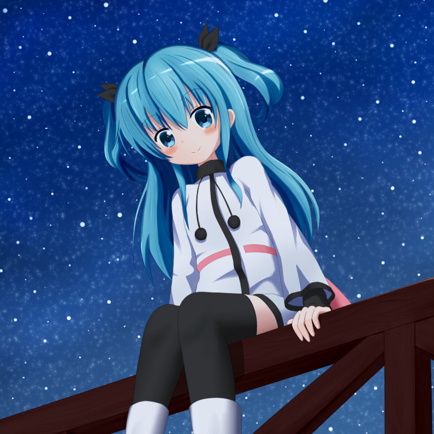 1girl black_thighhighs blue_eyes blue_hair blush closed_mouth dot_nose female_focus highres ikka long_hair long_sleeves looking_at_viewer night night_sky noel_(sora_no_method) outdoors sitting sky smile solo sora_no_method thighhighs zettai_ryouiki