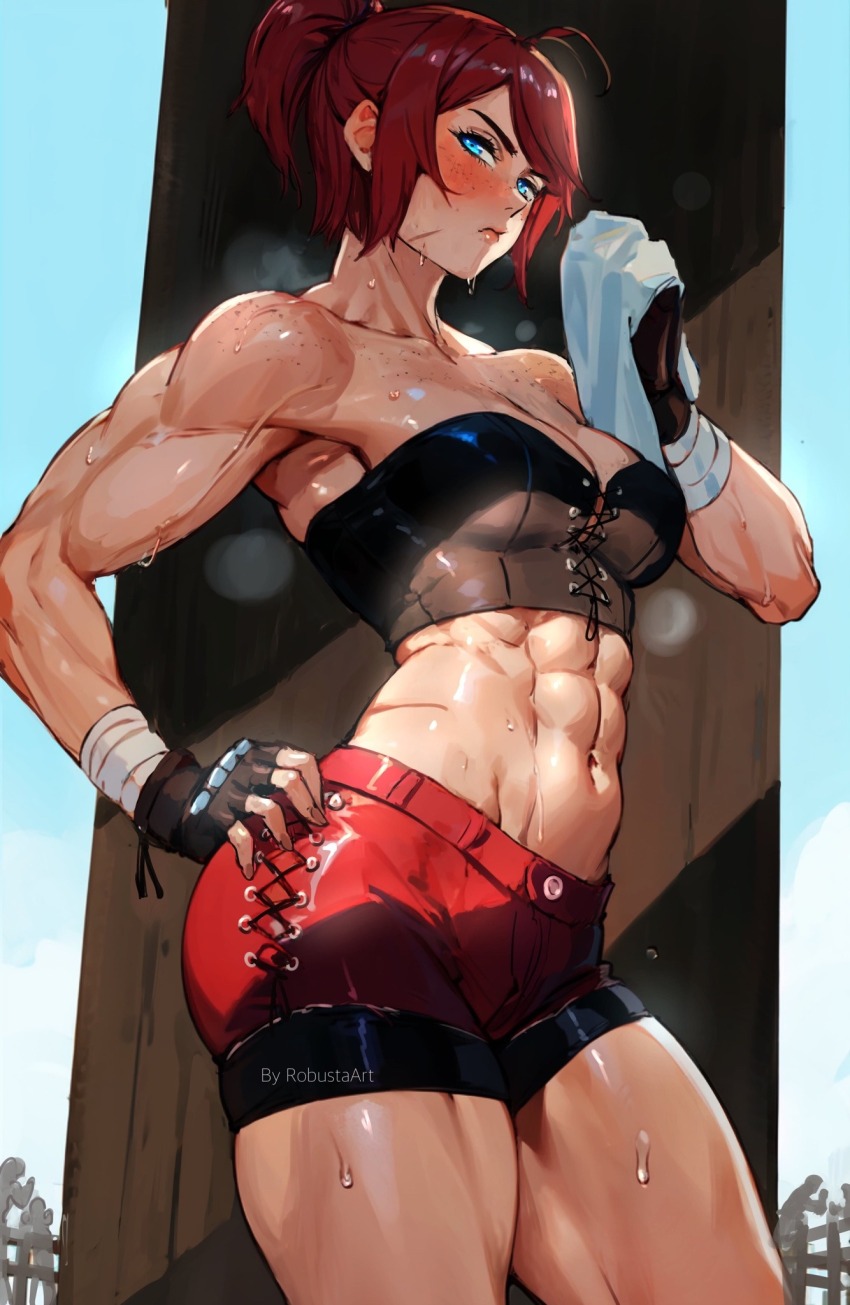 1girl abs blue_eyes blush body_freckles fingerless_gloves freckles frown gloves highres lace looking_at_viewer monk muscular muscular_arms muscular_female muscular_legs original pillar ponytail red_hair red_shorts robusta_mania short_shorts shorts solo sparring steaming_body sweat tank_top thighs towel veins veiny_arms