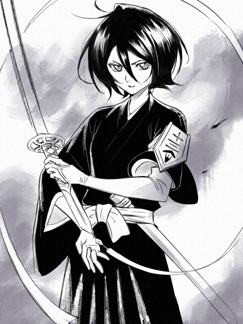 1girl black_hair bleach breasts closed_mouth highres holding japanese_clothes kimono kuchiki_rukia looking_at_viewer monochrome short_hair simple_background small_breasts sode_no_shirayuki_(shikai) solo weapon yshjsw
