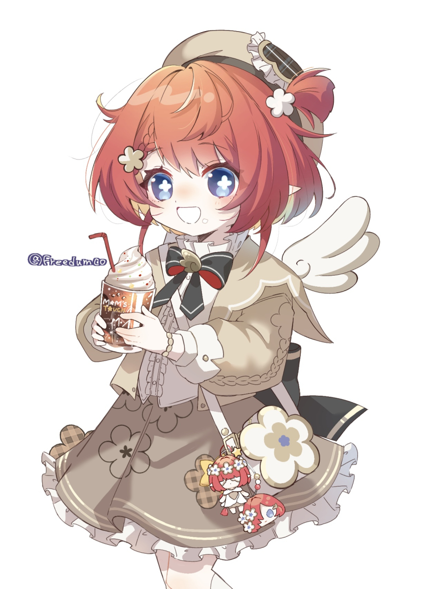 1girl angel_wings beret black_bow black_bowtie blue_eyes bow bowtie brown_skirt brown_vest character_charm charm_(object) commentary_request cross-shaped_pupils cup food hat highres holding holding_cup honkai:_star_rail honkai_(series) ice_cream open_mouth pointy_ears shirt short_hair simple_background skirt smile solo sundae symbol-shaped_pupils trianne_(honkai:_star_rail) tribbie_(honkai:_star_rail) trinnon_(honkai:_star_rail) twitter_username vest white_background white_shirt wings yaruco_(freedumco)