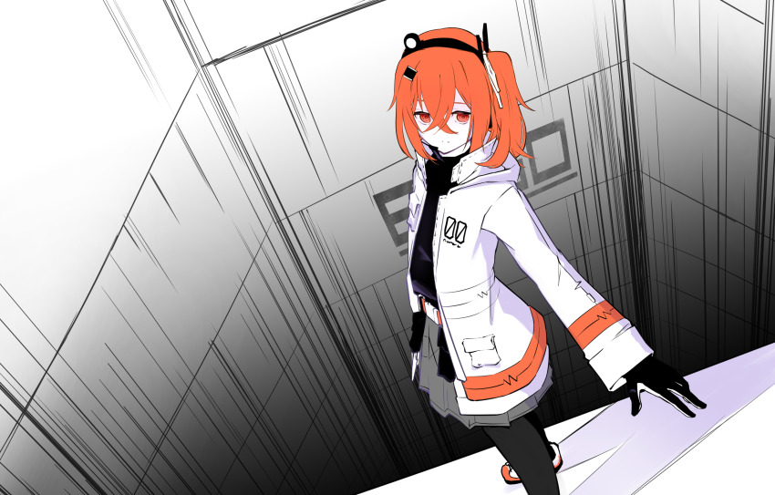 1girl a.i._voice adachi_rei belt belt_pouch black_leggings black_shirt closed_mouth commentary_request crossed_bangs dutch_angle foot_out_of_frame from_above from_side grey_skirt hair_between_eyes hair_ornament hair_ribbon hairclip headlamp headset highres hood hood_down hooded_jacket jacket ledge leggings light_smile looking_at_viewer looking_to_the_side looking_up microphone one_side_up open_clothes open_jacket orange_belt orange_eyes orange_hair outstretched_arm pleated_skirt pouch radio_antenna ribbon shadow shirt shoes skirt sneakers solo standing teckinder two-tone_gloves utau white_jacket white_ribbon