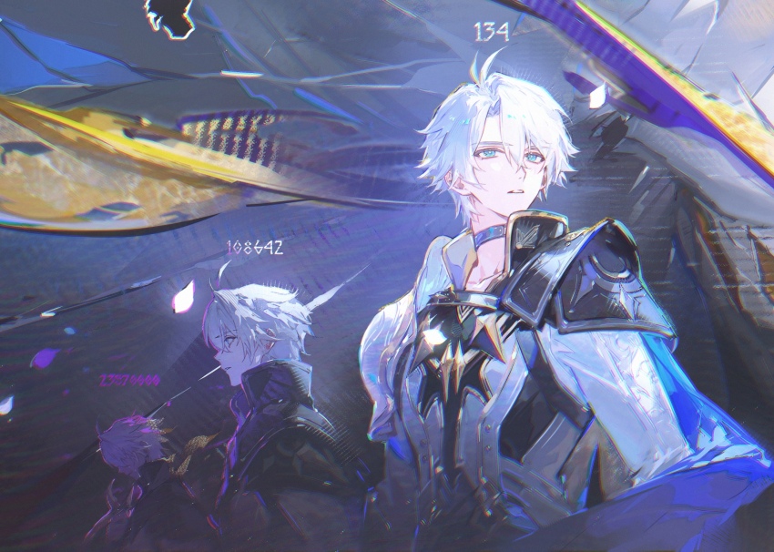 3boys antenna_hair armor black_choker black_shirt blue_cape blue_eyes cape choker hashtag-only_commentary highres honkai:_star_rail honkai_(series) looking_to_the_side male_focus multiple_boys parted_bangs parted_lips pauldrons phainon_(honkai:_star_rail) portrait renjian_shilian shirt short_hair shoulder_armor single_pauldron time_paradox white_hair