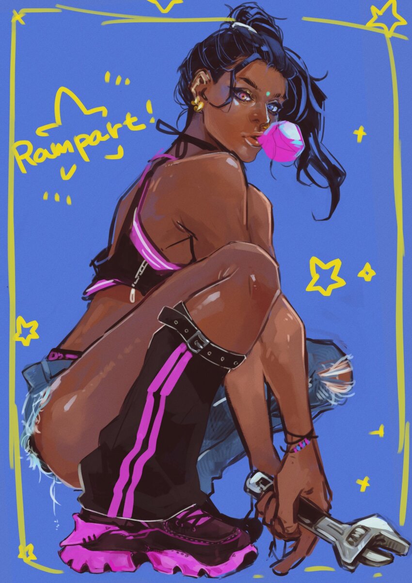 1girl alternate_costume alternate_eye_color apex_legends asymmetrical_clothes black_boots black_hair black_shirt blue_background blue_eyes blue_pants boots chewing_gum chikuwa_(chikuwa01410w07) cropped_shirt dark-skinned_female dark_skin denim earrings hair_behind_ear heterochromia highres holding holding_wrench jeans jewelry looking_at_viewer orange_eyes pants ponytail rampart_(apex_legends) shirt single_pantsleg sleeveless sleeveless_shirt solo squatting star_(symbol) wrench
