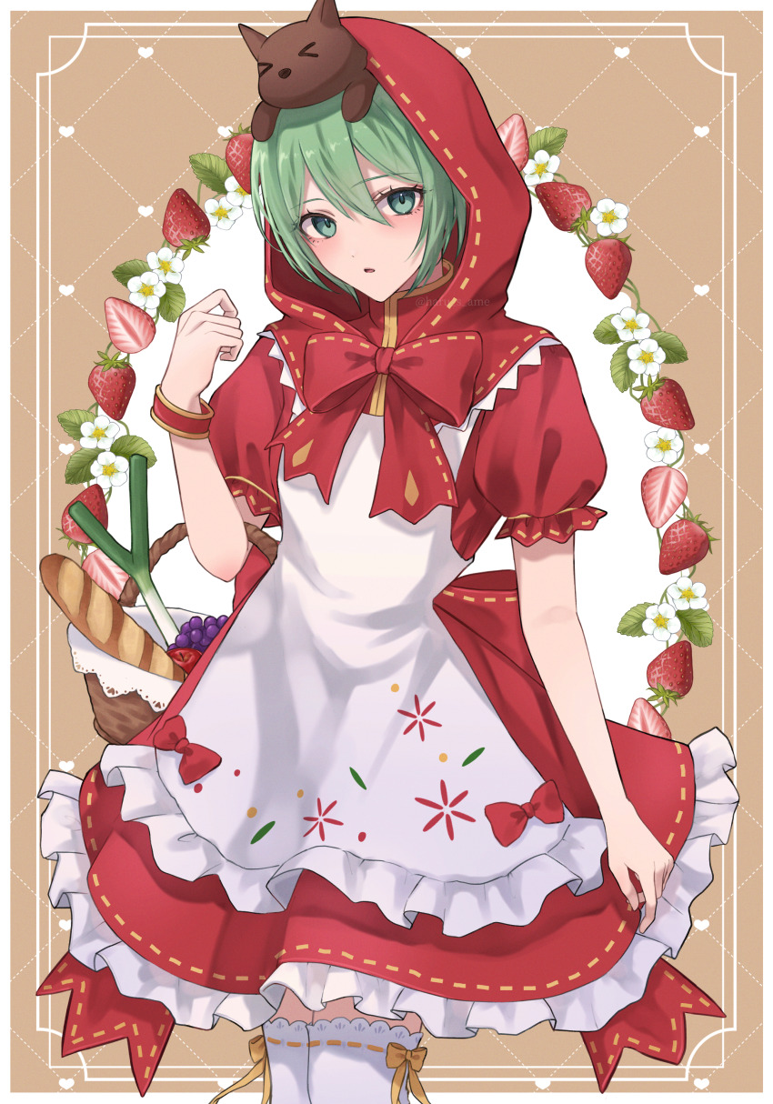 1girl absurdres ame_(harusame) apple apron baguette basket bow bracelet bread clover_club_(vocaloid) commentary_request dress flower food frilled_apron frilled_dress frills fruit grapes green_eyes green_hair hand_up hatsune_miku hatsune_miku_(mikuzukin) highres holding holding_basket hood hood_up jewelry looking_at_viewer parted_lips project_diva_(series) project_diva_2nd short_sleeves solo spring_onion strawberry strawberry_blossoms stuffed_toy stuffed_wolf thighhighs vocaloid
