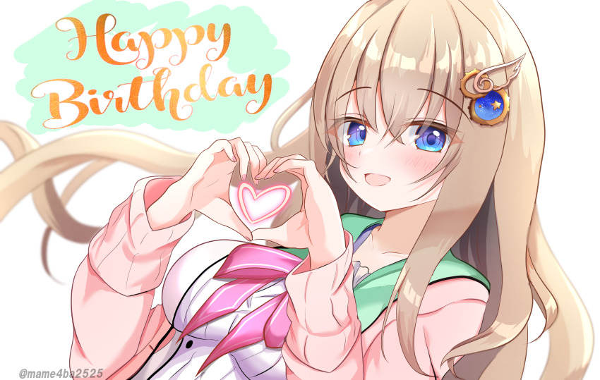 1girl 9-nine- :d absurdres blue_eyes blurry bow breasts brown_hair cardigan commentary_request depth_of_field dutch_angle eyelashes floating_hair gear_hair_ornament hair_between_eyes hair_ornament hands_up happy happy_birthday heart heart_hands heart_in_heart_hands highres impossible_clothes kujou_miyako large_breasts long_hair long_sleeves looking_at_viewer mame4ba2525 open_cardigan open_clothes open_mouth pink_bow school_uniform sidelocks simple_background smile solo star_(symbol) star_print tsurime twitter_username upper_body very_long_hair white_background wing_hair_ornament