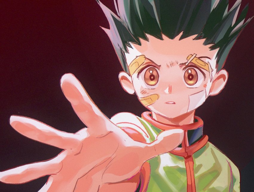 1boy bandaid bandaid_on_face black_background black_hair brown_eyes derivative_work foreshortening gon_freecss gradient_background green_jacket hunter_x_hunter jacket looking_at_viewer male_focus outstretched_hand parted_lips screenshot_redraw solo spiked_hair tacotako upper_body
