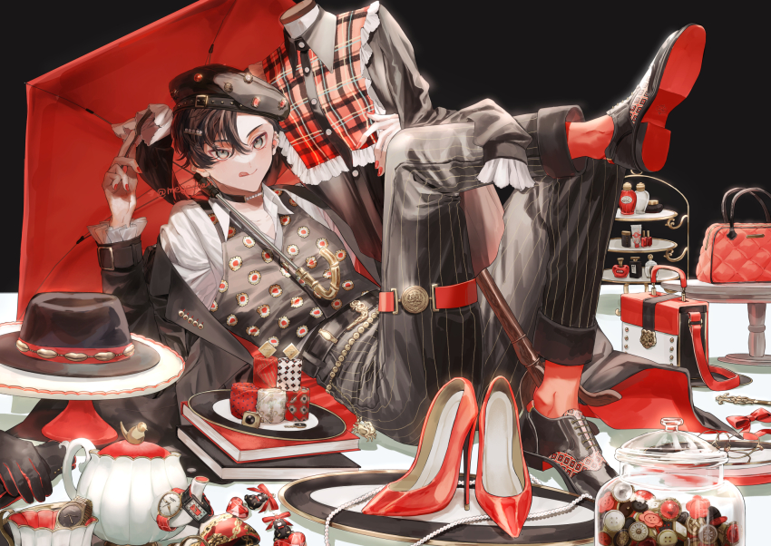 1boy bishounen black_hair black_hat black_shoes cosmetics cup full_body gem gloves hat highres jewelry long_sleeves looking_at_viewer male_focus mege_(megechan) nail_polish_bottle necklace off_shoulder original pearl_(gemstone) red_nails red_shoes shoes short_hair solo teacup thigh_strap tongue tongue_out unworn_gloves unworn_hat unworn_headwear unworn_jewelry unworn_necklace unworn_shoes