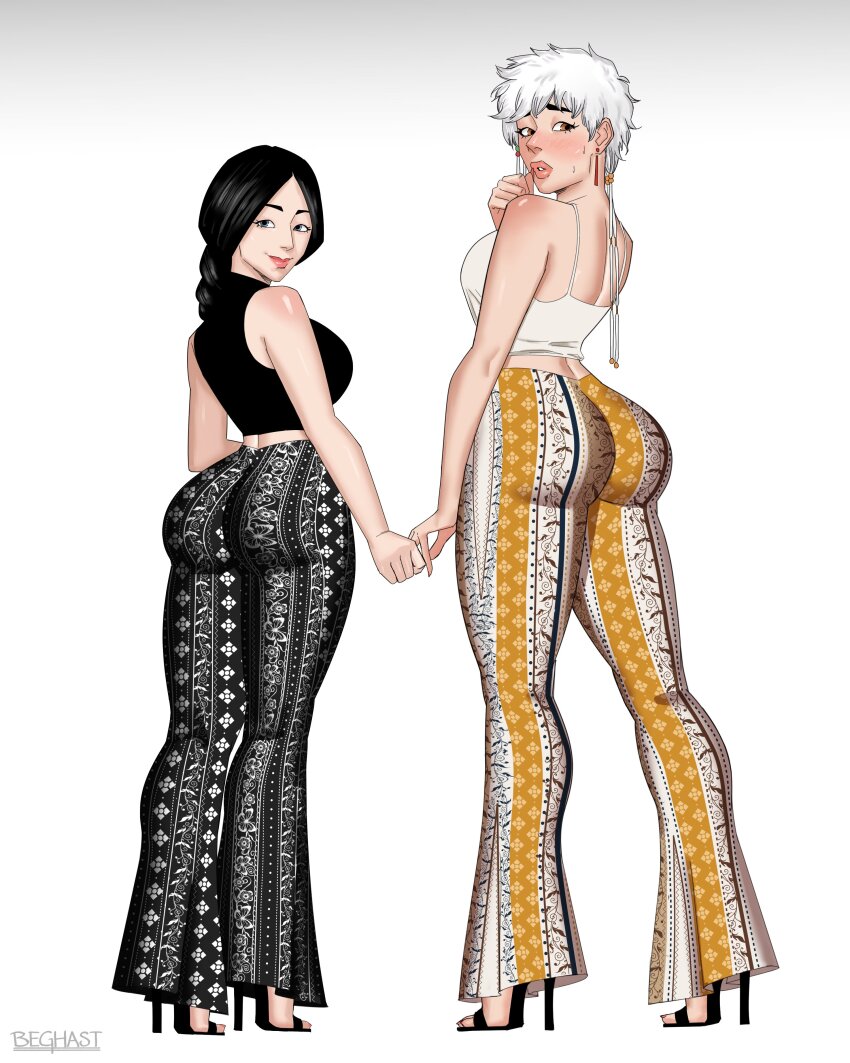 2girls absurdres ass beghastart bell-bottoms black_hair black_pants black_shoes black_tank_top bleach brown_eyes forbidden_pants height_difference high_heels highres huge_ass kotetsu_isane looking_at_viewer looking_back meme_attire multiple_girls pants print_pants shoes simple_background tank_top unohana_retsu white_background white_hair white_tank_top