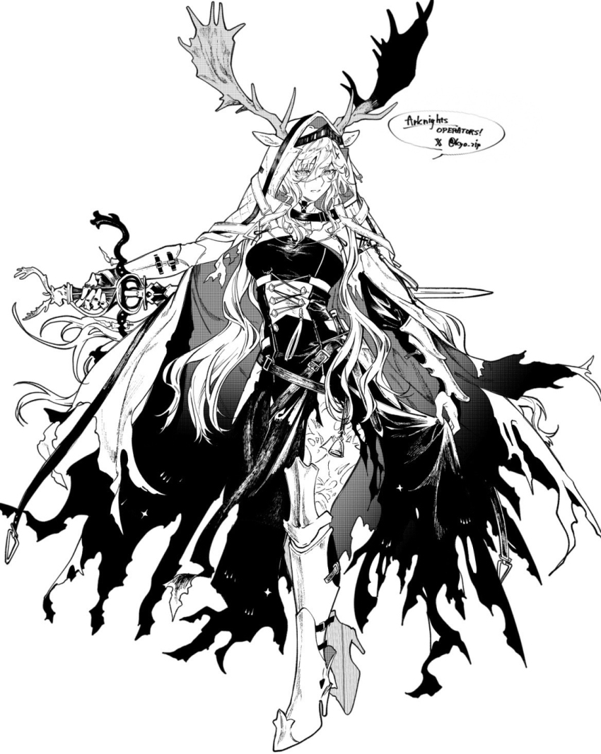 1girl animal_ears antlers arknights armor cape cloak gauntlets greaves greyscale highres holding holding_sword holding_weapon hood hood_up hooded_cloak kyo_zip leg_armor monochrome moose_antlers moose_ears moose_girl single_gauntlet solo standing standing_on_one_leg sword torn_cape torn_clothes viviana_(arknights) weapon white_background