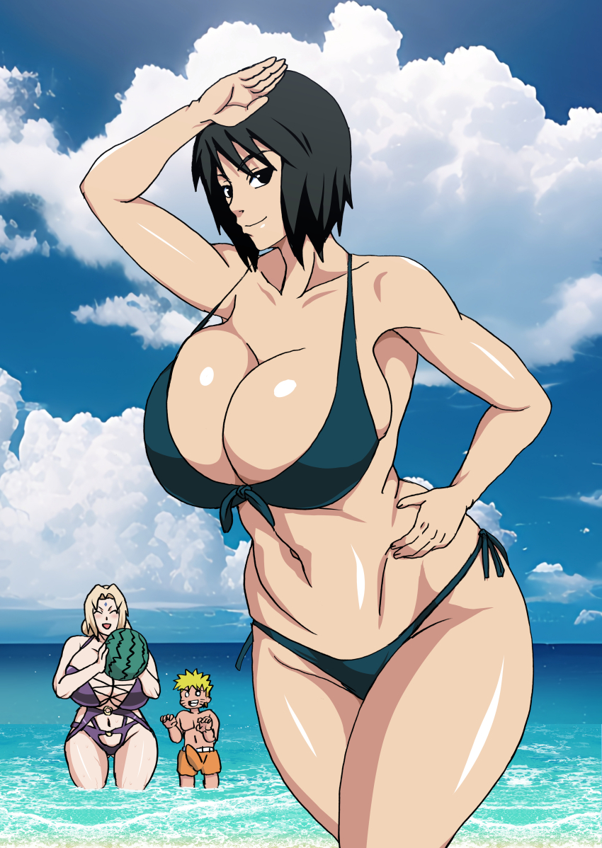2girls absurdres beach bikini breasts erection highres huge_breasts long_hair multiple_girls naruto_(classic) naruto_(series) ocean shizune_(naruto) swimsuit tsunade_(naruto) uzumaki_naruto