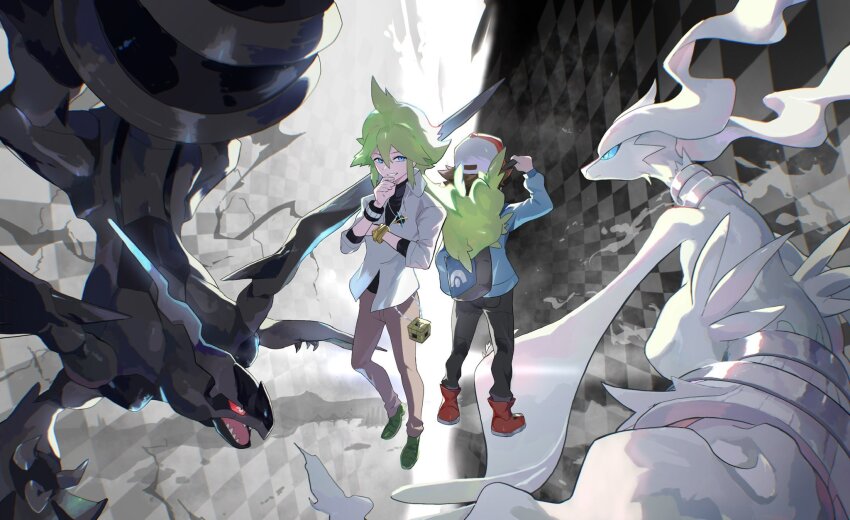 2boys baseball_cap black_pants blue_jacket brown_hair dragon gen_5_pokemon green_hair hat highres hilbert_(pokemon) jacket legendary_pokemon long_hair multiple_boys n_(pokemon) nintendo pants pokemon pokemon_(creature) pokemon_bw reshiram samugohan3658 zekrom