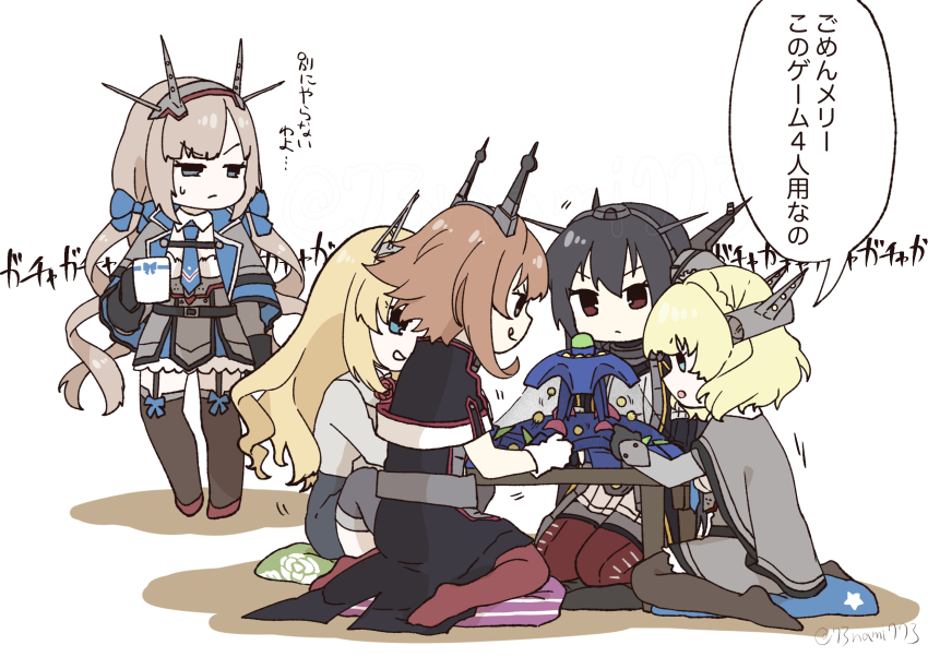 5girls black_gloves black_hair blonde_hair blue_eyes blue_necktie blue_ribbon brown_eyes brown_hair capelet coat colorado_(kancolle) commentary_request cushion frilled_skirt frills garter_straps gloves headgear highres kantai_collection long_hair maryland_(kancolle) multiple_girls mutsu_(kancolle) mutsuki_(kancolle) mutsuki_kai_ni_(kancolle) nagato_(kancolle) nagato_kai_ni_(kancolle) nami_nami_(belphegor-5812) necktie nelson_(kancolle) playing_games ribbon short_hair simple_background skirt table thighhighs translated white_gloves