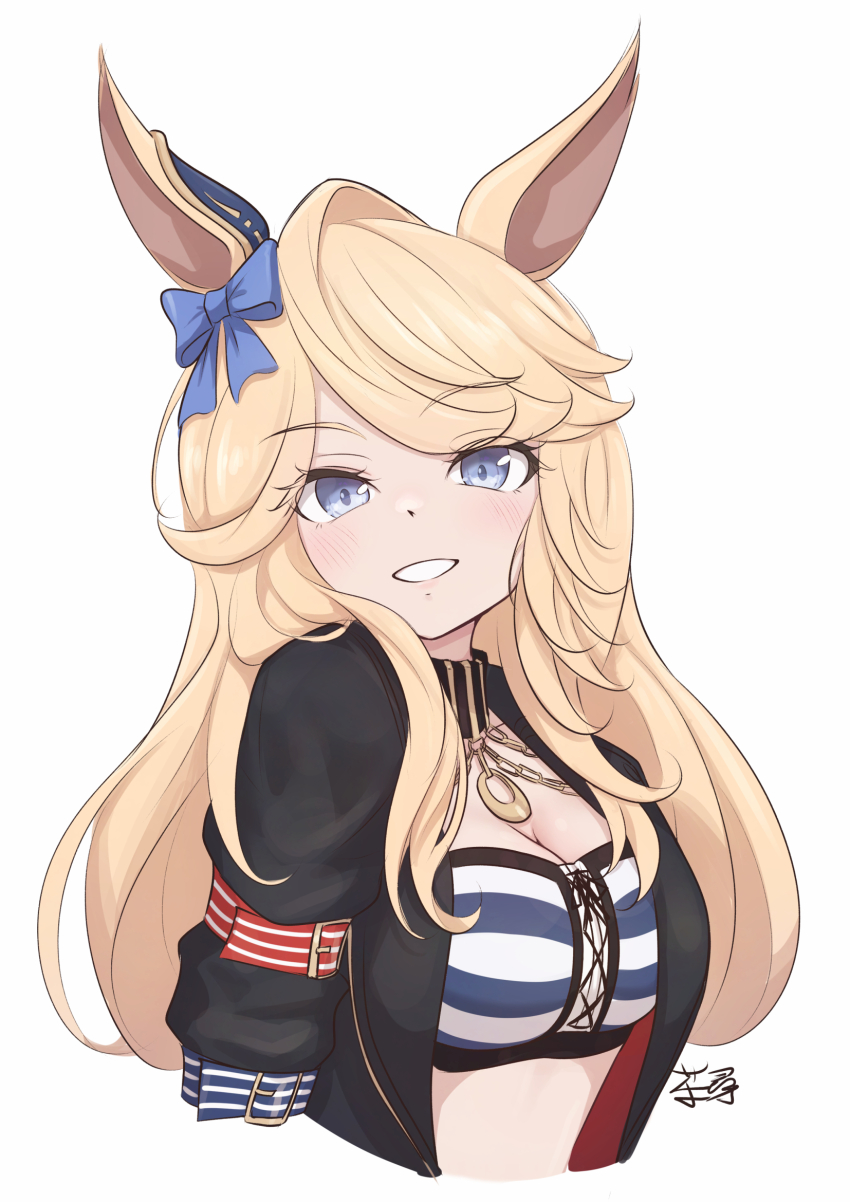1girl animal_ears bandeau black_jacket blonde_hair blue_bow blue_eyes bow chahiro gold_city_(umamusume) grin hair_bow highres horse_ears jacket long_hair long_sleeves looking_at_viewer midriff open_clothes open_jacket simple_background smile solo strapless striped_bandeau tube_top umamusume upper_body very_long_hair white_background