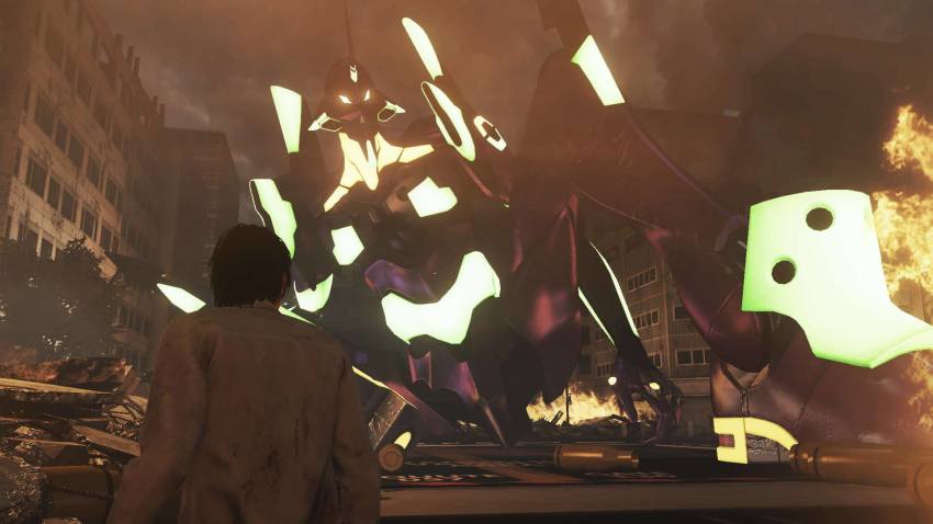 1boy shell_casing city city_shrouded_in_shadow cyborg destruction eva_01 fire gainax giant giant_monster giant_robot glowing granzella highres kaiju khara_(animation_studio) mecha misaki_ken monster neon_genesis_evangelion night rebuild_of_evangelion robot