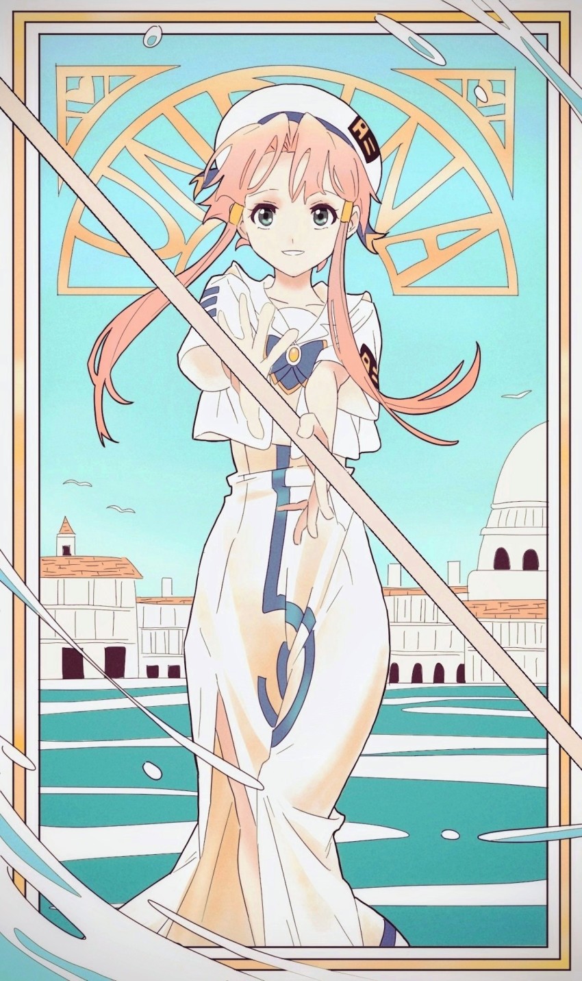 1girl animal aria_(manga) aria_company_uniform beret bird blue_bow blue_bowtie blue_sky bow bowtie building dome dress flask00 green_eyes hair_intakes hair_tubes hat highres holding holding_oar long_dress long_hair looking_at_viewer mizunashi_akari oar parted_bangs pink_hair sailor_collar shirt sidelocks sky smile solo standing water white_dress white_hat white_sailor_collar white_shirt