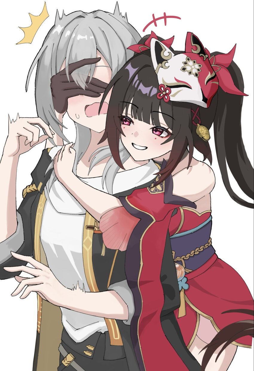 2girls brown_hair commentary covering_another&#039;s_eyes detached_sleeves fox_mask grey_hair highres honkai:_star_rail honkai_(series) hug hug_from_behind jacket japanese_clothes long_hair mask multiple_girls oimo_imonium open_clothes open_jacket open_mouth red_eyes shirt smile sparkle_(honkai:_star_rail) stelle_(honkai:_star_rail) trailblazer_(honkai:_star_rail) twintails white_shirt yuri