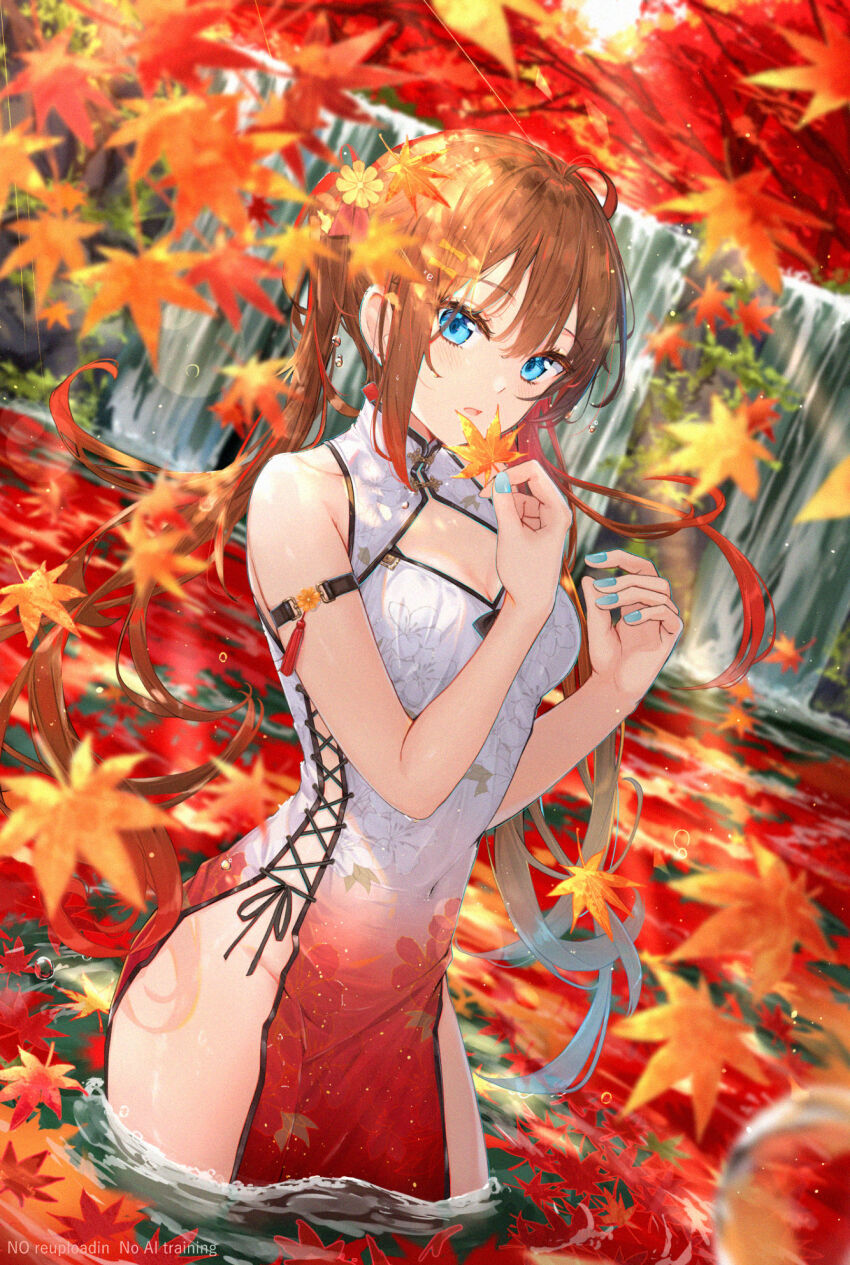1girl ahoge arm_belt autumn_leaves blue_eyes blue_nails breasts brown_hair china_dress chinese_clothes cleavage cleavage_cutout clothing_cutout commentary_request covered_navel cowboy_shot day dress falling_leaves floral_print floral_print_dress forest gradient_clothes gradient_dress groin highres holding holding_leaf leaf long_hair looking_at_viewer maple_leaf medium_breasts na_kyo nail_polish nature open_mouth original outdoors pelvic_curtain print_dress red_dress side_slit sleeveless sleeveless_dress solo twintails wading water waterfall watermark white_dress